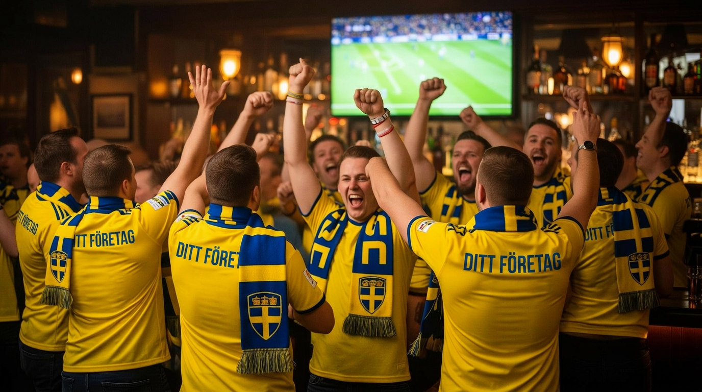 Supportrar i sportbar i Sverige-tröjor med DITT FÖRETAG på ryggen